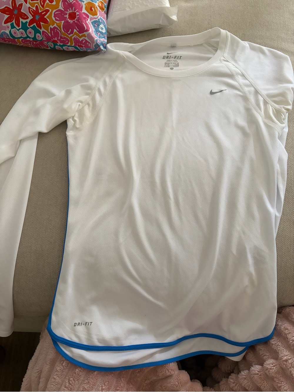 Nike White Long Sleeve Dri-FIT Top with Blue Trim